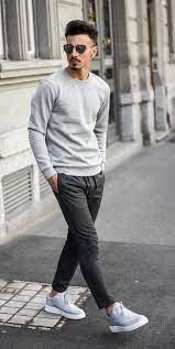 Maybe you would like to learn more about one of these? Fall Outfit Idea With A Gray Sweatshirt With Gray Pinstripe Pants Sunglasses Gray Nike Sneakers An Mens Fashion Streetwear Mens Casual Outfits Fall Outfits Men
