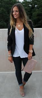 How To Wear A Black Blazer With Jeans And Heels Fall Outfits Women S White Scoop Neck Shirt Black Blazer Black Skinny Jeans And Brown Peep Toe Heel Shoes O Fashion First Date Outfits Date Outfit Casual