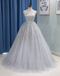 2019 Sweetheart Sliver Gray Strapless Long Puffy Prom Gown Long Quinceanera Dress In 2020 Ball Gowns Silver Prom Dress Grey Evening Dresses