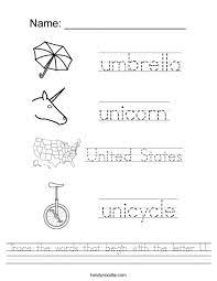 trace the words that begin with the letter u worksheet twisty noodle