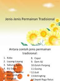 Terdapat banyak jenis gasing yang terdapat di malaysia antaranya gasing jantung, gasing piring atau leper, gasing kelamar, gasing telur, gasing berembang, gasing melayu, gasing cina, gasing buku benang dan gasing pinang. Jenis Jenis Permainan Tradisional
