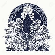 Designing a cool tribal flower tattoo design. Flowers And Butterfly In Triangle Art Nouveau Tattoo Graceful Flowers And Beautiful Butterfly T Shirt Design Symbol Of Renaissance Beauty Poetry Freedom Tattoo For Women Royalty Free Cliparts Vectors And Stock Illustration Image