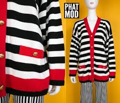 Black And White Striped Cardigan Sweater Vintage 90s Bold Black White Stripe Cardigan Sweater With Red Trim Striped Cardigan Black White Stripes Sweater Cardigan