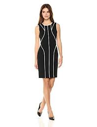 Calvin Klein Women S Scuba Crepe Sheath With Piping Black And White Calvin Klein Women Fashion Dresses For Work