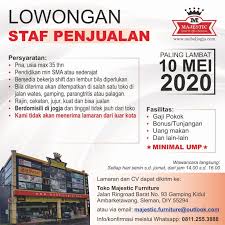 Sebanyak 10 lowongan kerja pabrik bandung dan yang berhubungan dengan loker pabrik, rekrutmen pabrik, peluang kerja pabrik, peluang berkarir pabrik, pekerjaan pabrik di loker.my.id. Lowongan Kerja Staf Penjualan Di Majestic Furniture Lokerjogja Id