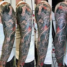 Mens Samurai Mask And Coiled Dragon Traditional Japanese Tattoo Full Sleeve Sleeve Tattoos Japanese Sleeve Tattoos Samurai Tattoo Sleeve