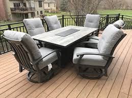 The most popular color choice within wicker fire pit patio sets is beige/tan followed by gray and blue. Gray Patio Furniture And Fire Pit Table By O W Lee Curl Up In These Cozy Chairs And Heat Up Gray Patio Furniture Patio Furniture Layout Patio Dining Table