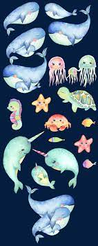 Sea Animals Png Watercolor Clipart Whale Jellyfish Turtle Etsy Sea Animals Animal Drawings Watercolor Ocean