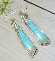 Blue Opal Earrings, Petrified Wood Earrings, Blue Opalized Sterling Silver  Wire Wrapped Earrings , Handmade Earrings GE31, Gift for Her