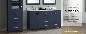 This freestanding features durable solid wood & plywood cabinets in stunning blue with a white manufactured stone vanity top and brushed silver hardware. Navy Blue Modero Vanities