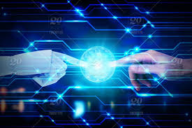 ✓ free for commercial use ✓ high quality images. Robot And Human Hands Touching On City Background Artificial Intelligence Technology Concept Stock Photo 07f5d64d A603 457e 9f64 0e37cd6166e5