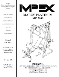 Impex Fitness Mp 3100 Owners Manual Parts List