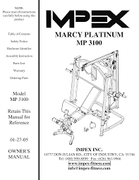 impex fitness mp 3100 owners manual parts list