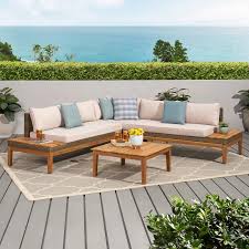 Noble House Loft Teak Brown 4 Piece Wicker Patio Conversation Sectional Seating Set With Light Khaki Cushions 70373 The Home Depot In 2020 Wicker Patio Furniture Wood Patio Furniture Outdoor Deck Furniture