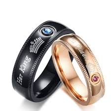 Black And Pink Rings For Her Stainless Steel Black And Rose Gold Ring For Couples Her King His Queen Engraved Inlaid Blue Diamond And Pink Diamond Fashion And Liberality Stainless Steel Wedding Bands Personalized Wedding Rings Wedding