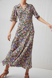 Model Side Image Of Arket Liberty Silk Dress In Blue Liberty Fabric Dress Silk Floral Dress Dresses