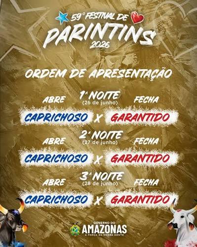 A ordem de apresentação dos bois para o Festival de Parintins 2026 foi  sorteada e a expectativa para as três noites de espetáculo só cresce. ⭐️❤️  O Festival de Parintins 2026 acontece
