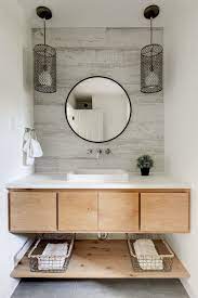 Hall Bathroom With Floating Flat Front Alder Cabinet And Lower Shelf Steel Cylindar Pendant Lights Blac Bathroom Vanity Trends Wall Faucet Wood Wall Bathroom