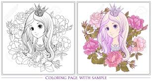 And increase the beauty of this picture. Young Nice Girl With Long Hear With Princess Crown In The Garden Of Roses With Colored Sample Outline Drawing Coloring Page Coloring Book For Adult Stock Vector Royalty Free Cliparts Vectors And