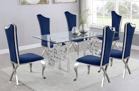 I went through a stage in life where i considered myself an esteemed picnic connoisseur and was if you love the indulgent look of tufted dining room chairs and a french inspired pedestal table, then you'll want to check out today's pottery barn. Nikola 7pc Silver Navy Blue Dining Table Set By Best Quality Furniture
