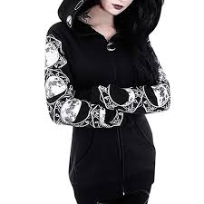 Twgone Zipper Hoodie Women Black Long Sleeve Gothic Vintage Sweatshirt Plus Size Punk Moon Print Coat