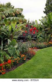 A Tropical Border Within An English Country Garden Rhs Hyde Hall Essex Uk Stock Photo Garden Ideas Uk Garden Borders English Country Gardens
