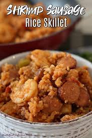 Shrimp Sausage Rice Skillet Is The Perfect Comfort Food Recipe Loaded With Sausage And Shrimp And Makes A Del In 2020 Cooked Shrimp Recipes Shrimp Sausage Sausage Rice