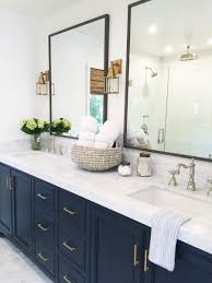 Chic Bathroom Design With White Marble Countertops And Navy Cabinets Mindy Gayer Des Bathroom Remodel Master Farmhouse Master Bathroom Small Bathroom Remodel