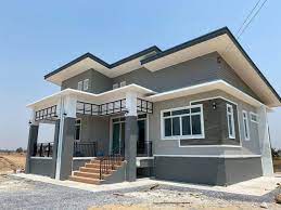 บ านโมเด ร นยกพ น ขนาด 3 ห องนอน 2 ห องน ำ โทนส เทาสวยๆ ด ไอเด ยบ าน แบบบ านภายนอก ผ งบ าน บ านโมเด ร น