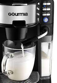 Gourmia Single Serve K Cup Pod Coffee Maker With Built In Frother Black Stainless Steel Pod Coffee Makers Coffee Maker One Cup Coffee Maker