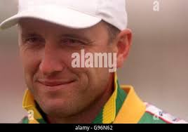 South Africa's bowler Allan Donald, left, celebrates after bowling Nathan  Astle, right, of New Zealand during the Standard Bank 2nd-One-Day  International Match between New Zealand and South Africa in Benoni, east of