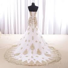 Mermaid White And Gold Wedding Dress Cheap Real Photos Sweetheart Chapel Train Applique Lace Bridal Real Weddings Dress Gold Wedding Dress Bridal Dresses Lace