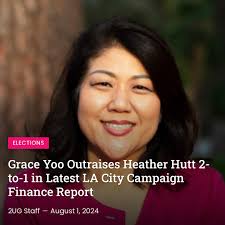 Grace Yoo's campaign announced she's out raised her opponent Heather Hutt  in latest campaign finance reporting  https://2urbangirls.com/2024/08/grace-yoo-outraises-heather-hutt -2-to-1-in-latest-la-city-campaign-finance-report/