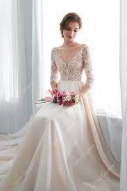 Champagne Beaded Lace Wedding Gown With 3 4 Sleeve Wedding Dress Champagne Wedding Dress Long Sleeve Ball Gowns Wedding