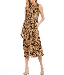 Donna Morgan Leopard Print Tie Waist Midi Shirt Dress