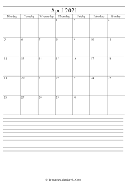 Printable April Calendar 2021 With Notes Portrait Some 2021 holidays and religious. printable april calendar 2021 with