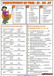Prepositions Of Time In On At Esl Exercises Worksheet Teaching English Grammar Prepositions English Grammar Exercises
