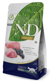 As a group, the brand has an average protein content of 46%, and average fat content of 23%, and an average carb content of 20%. Farmina Pet Foods Cat Food N D Prime Feline Lamb Blueberry Adult