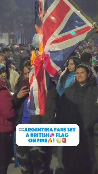 🇦🇷🔥 A British flag has been set on fire by a group of Argentina fans ahead of the World Cup semi-final., Many fans believe this kind of display is linked to the long-running dispute over the Falkland ...