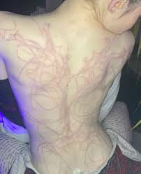 Grimes has another brush stroke tattoo by noiztoy, covering up an existing black cross in december 2015. Elon Musk S Girlfriend Grimes Gets Alien Inspired White Ink Back Tattoo
