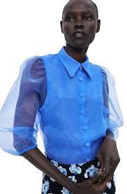 Zara Blue Organze Blouse Size 12 L In 2020 Organza Blouse Women Shirts Blouse Puff Sleeve Blouse