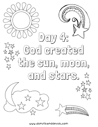 Thus the heavens and the earth were completed in all their vast array. Creation Coloring Pages Donuts And Devos Creation Coloring Pages Bible Lessons For Kids Coloring Pages
