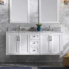 In this tutorial video, nathan suazo shows us how to install the vanity top after he has installed the faucet and popup assembly along with other tips and. Allen Roth Floating 60 In White Double Sink Bathroom Vanity With Natural Carrara Marble Top Double Sink Bathroom Double Sink Bathroom Vanity Bathroom Vanity