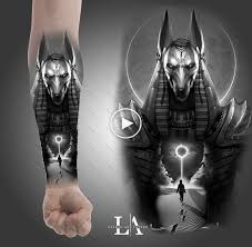 As a form of body painting , temporary tattoos can be drawn, painted, airbrushed, or needled in the same way as permanent tattoos, but with an ink which dissolves in the blood within 6 months. Tattoo Design Anubis Anubis Tattoo Egyptian Tattoo Sleeve Egypt Tattoo