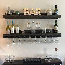 Wood Wine Rack Wall Mounted Shelf Hanging Stemware Glass Holder Organizer Bar Shelf Unique Rustic Bar Shelves Diy Home Bar Wood Wine Racks Home Bar Decor