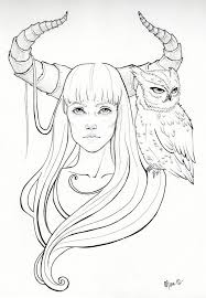 Horned Girl With Owl By Deviant Mizu On Deviantart Satan Drawing Owls Drawing Line Art Drawings