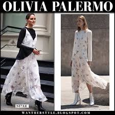 Olivia Palermo In White Printed Dress Black Top And Black Boots Fashion Style Nyfw Newyorkfashionweek Streetstyl Olivia Palermo White Print Dress Fashion