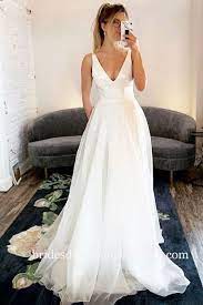Elegant White V Neck Wedding Dress With Pockets Romantic Back Open Long Women Bridal G A Line Wedding Dress White Lace Wedding Dress Wedding Dress With Pockets