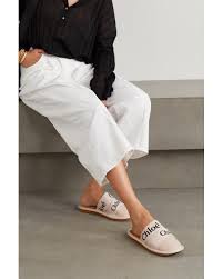 Chloe Woody Logo Print Canvas And Leather Slippers In White Lyst