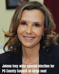 Jolene Ivey, current Chair of the Prince George's County Council  representing District 5 won the vacant council at-large seat formerly held  by council member Mel Franklin. Ivey earned 87% of the vote,